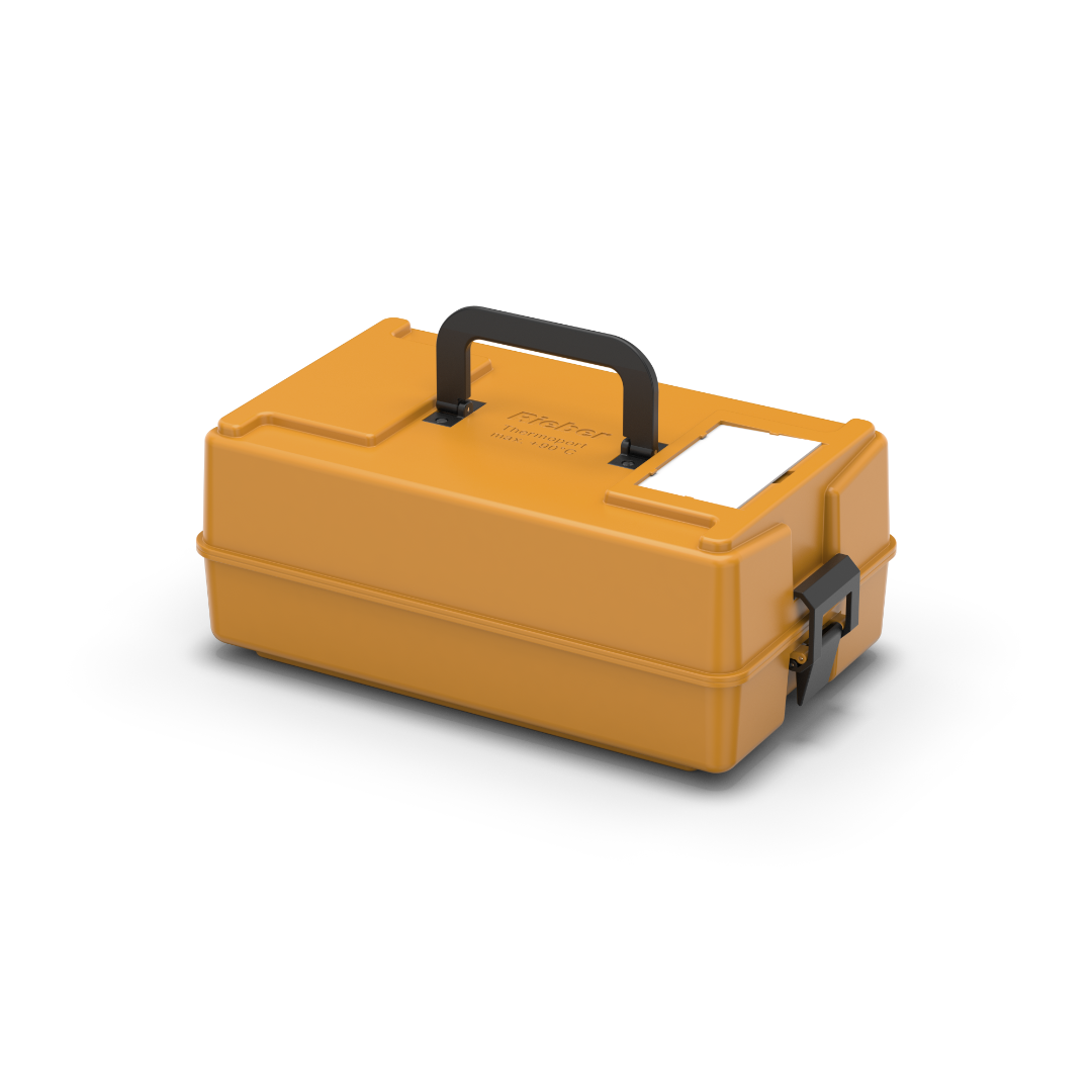 Produktvisualisierung des thermoport® K 10 - orange (Perspektive). Unbeheizte Einzelportion-Isolations-Box aus Kunststoff mit einfacher Ausprägung im Deckel, doppelwandig und dichtgeschweißt, spülmaschinentauglich (bis +90 °C) - für den 