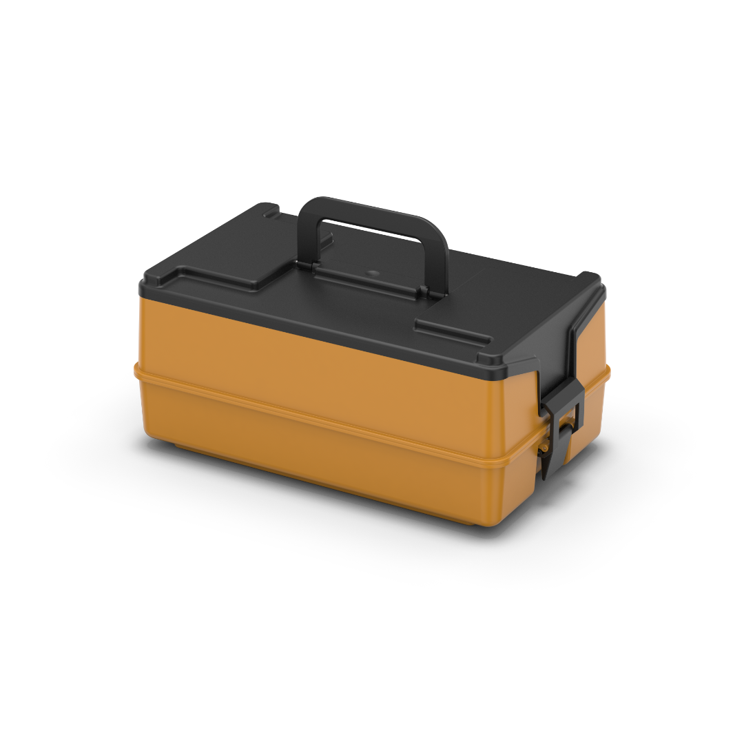 Produktvisualisierung des thermoport® K 10 KW - orange (Perspektive). Unbeheizte Einzelportion-Isolations-Box aus Kunststoff mit zusätzlichem Kaltfach, doppelwandig und dichtgeschweißt, spülmaschinentauglich (bis +90 °C) - für den 
